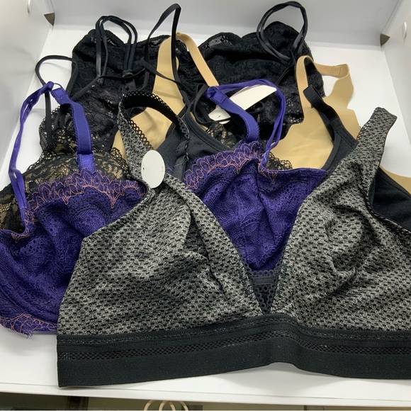 (7) b.tempt’d Elegant Lace and Mesh Bralette Set - Black, Purple, Tan - Picture 1 of 11